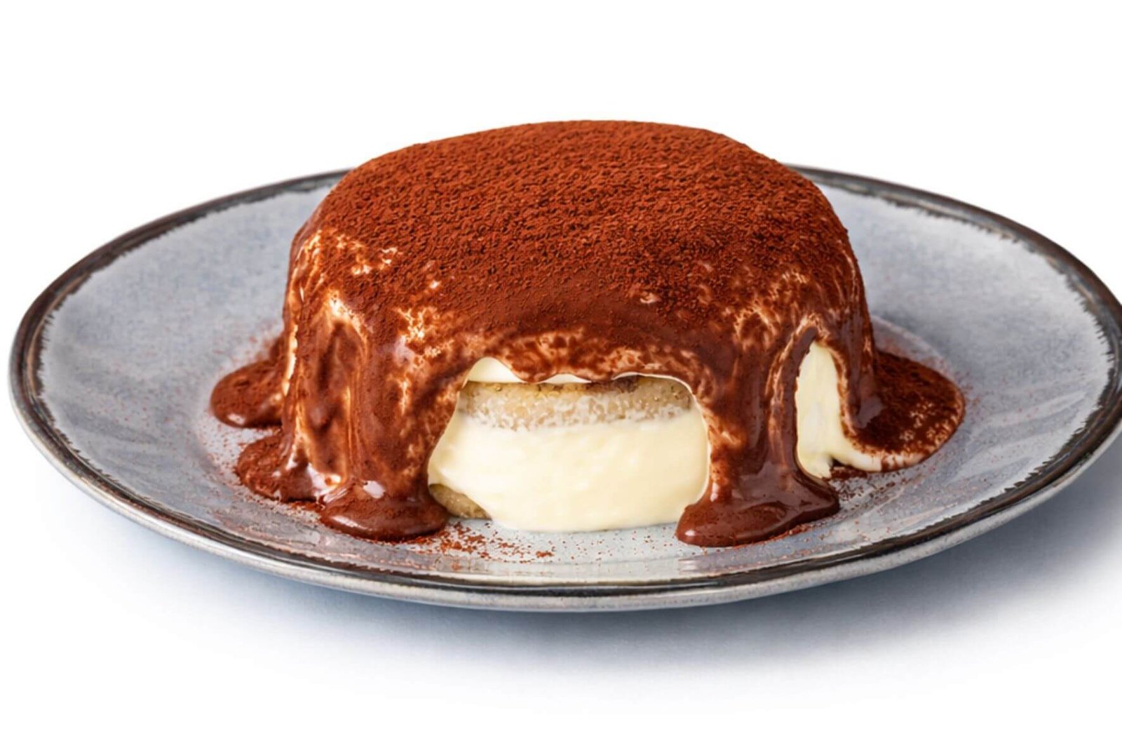 melted lava tiramisu in a beautiful grey platter