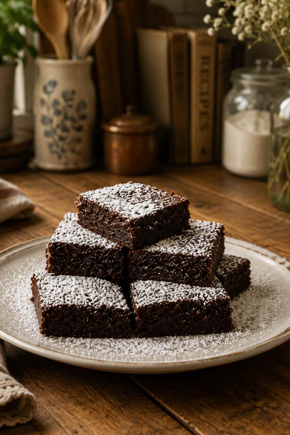 Easy homemade chocolate brownies with cocoa served on a ceramic plate on a rustic wooden kitchen table.
