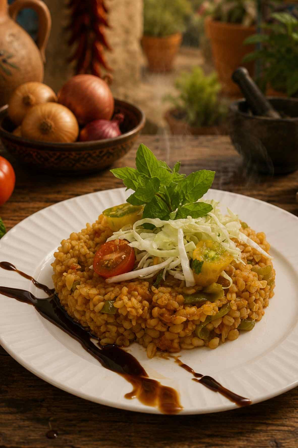 Traditional Lebanese tomato bulgur pilaf served on a white plate with fresh mint, cabbage, cherry tomatoes, and pomegranate molasses in a rustic kitchen.