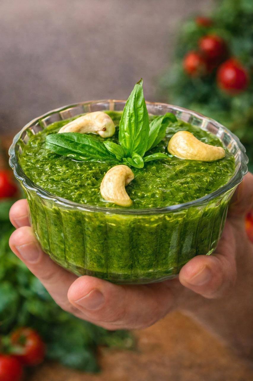 a powerful recipe of pesto sauce with cashew nuts poured in a bowl, decorated with half cashews and held by the hand of the chef