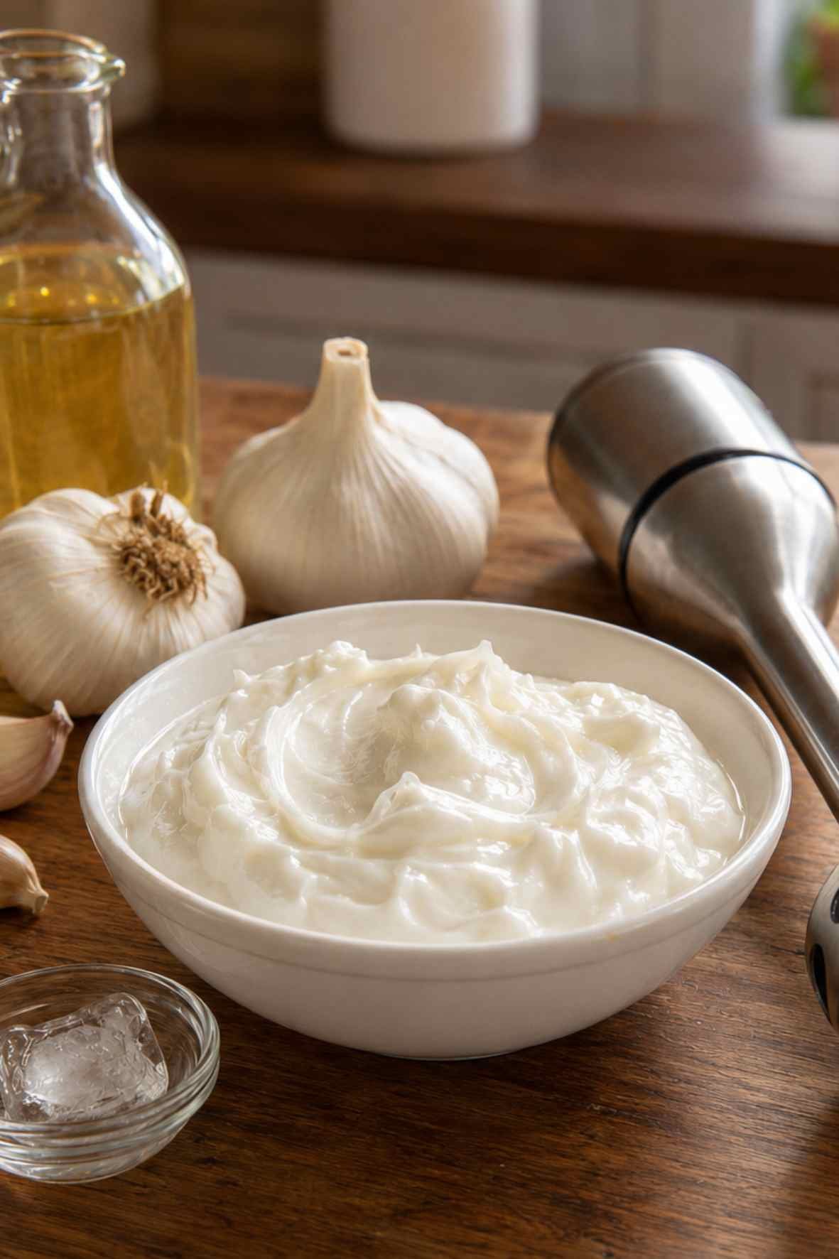 Lebanese garlic dip with garlic, vegetable oil, an ice cube, and a hand blender
