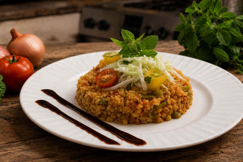 Authentic Lebanese tomato bulgur pilaf served on a rustic wooden table with fresh mint, tomatoes, onions, and a traditional Lebanese kitchen background.