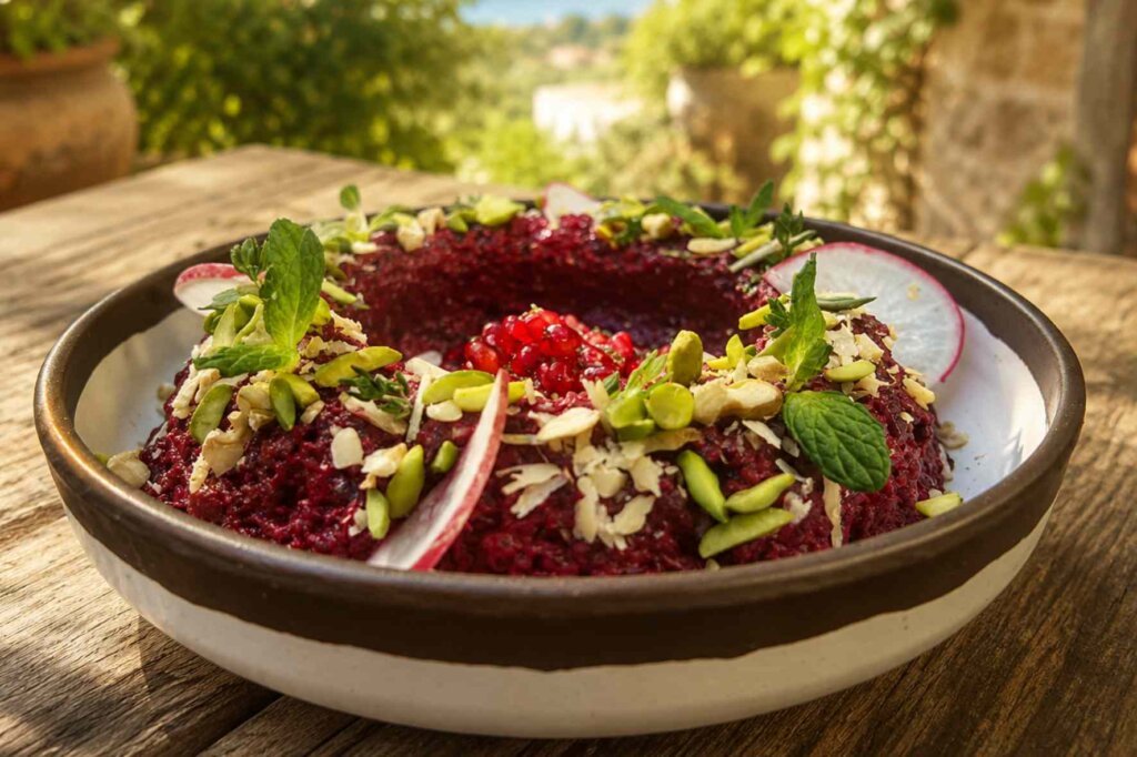 Beetroot mutabbal garnished with pomegranate seeds, pistachios, radish slices, and mint on an outdoor table.