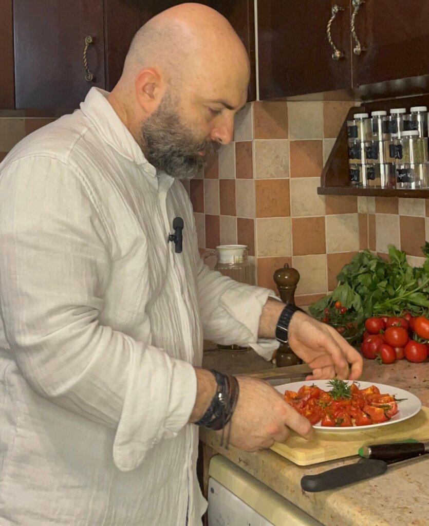 chef making caramelized toamtoes