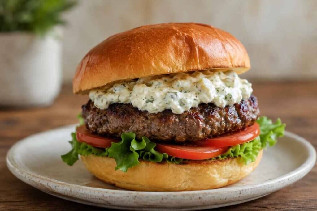 Homemade beef burger topped with creamy tartar sauce, lettuce, and tomatoes