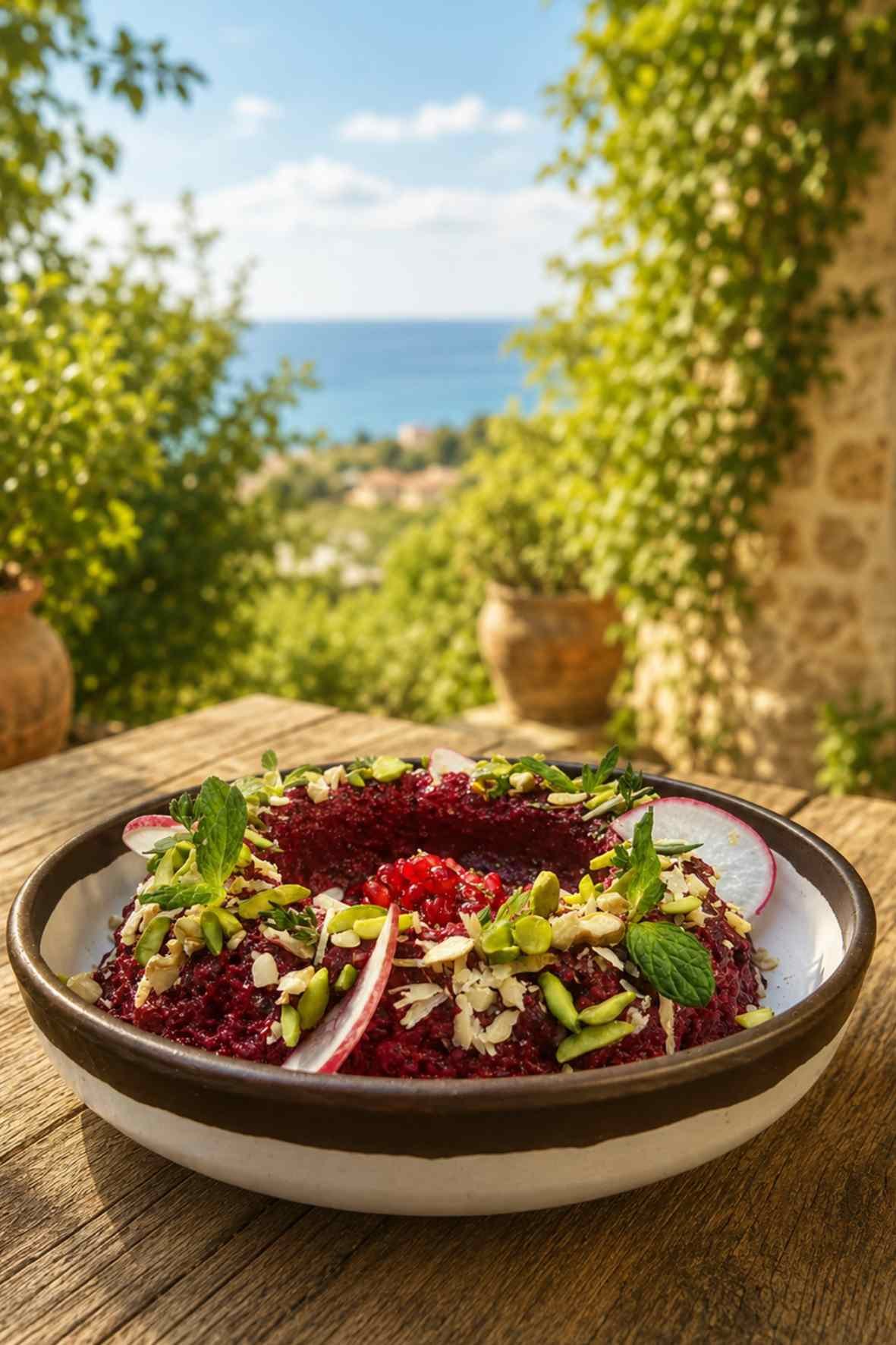 Beetroot mutabbal topped with pomegranate seeds, pistachios, radish slices, and mint on an outdoor Mediterranean table.