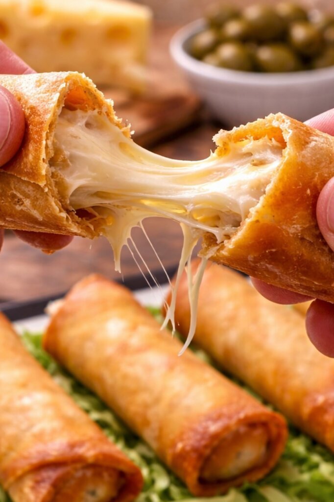 close up of Lebanese cheese roll being pulled apart with melted stretchy cheese inside