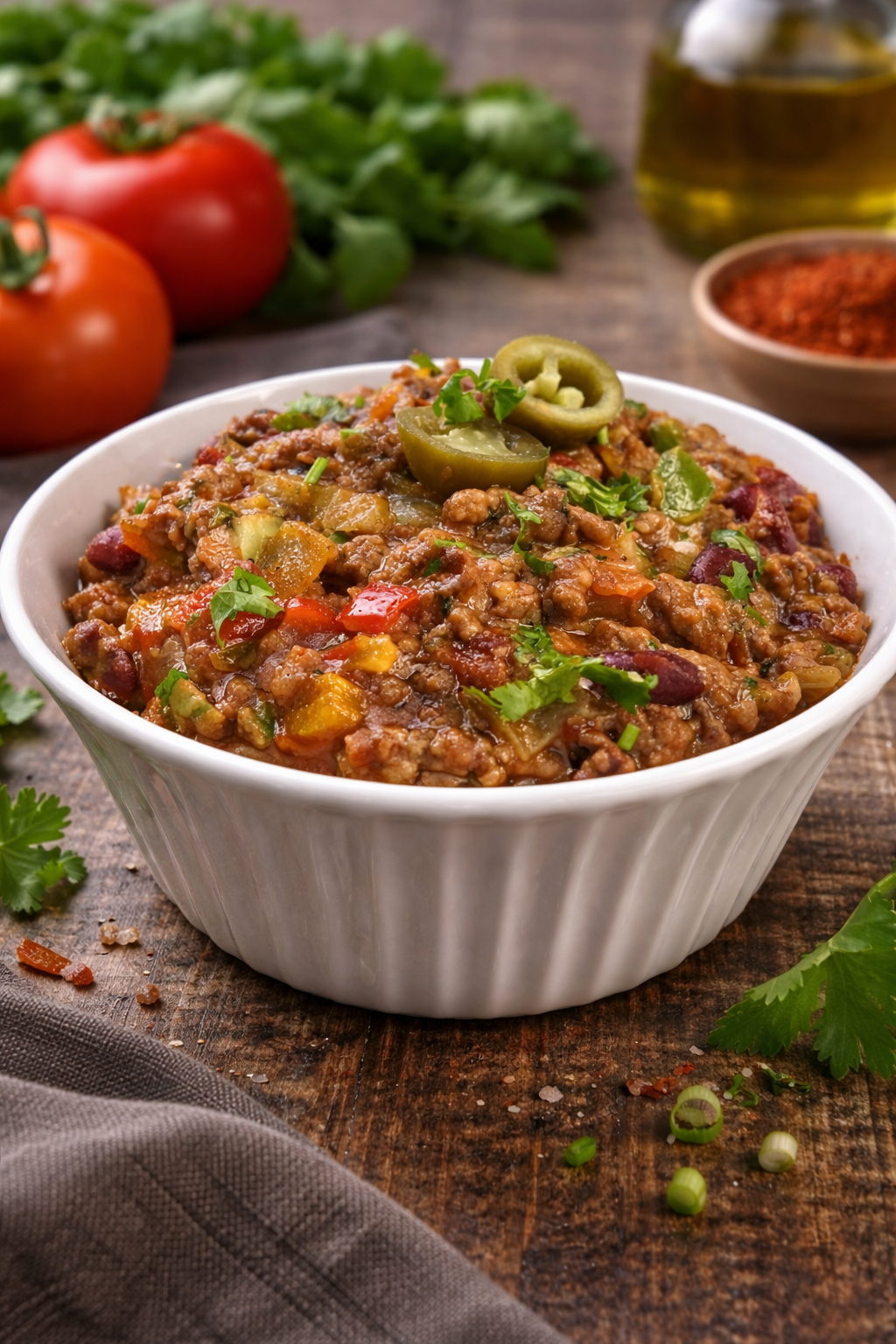 chili con carne being served into a bowl with spoon rich beef beans and vegetables homemade recipe