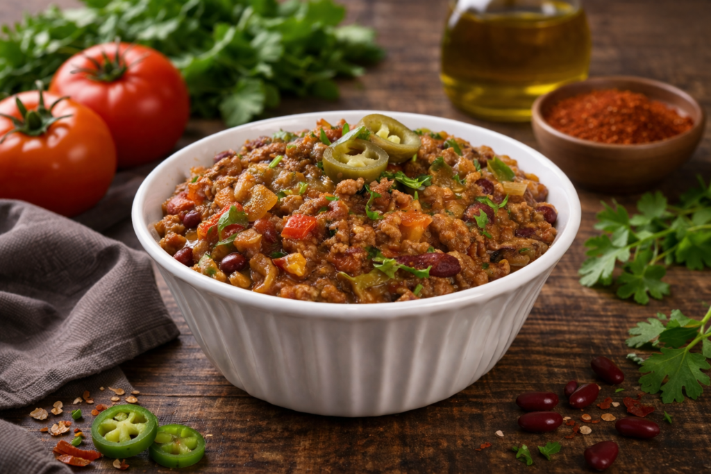 chili con carne in a white bowl with ground beef beans peppers and herbs rustic food styling