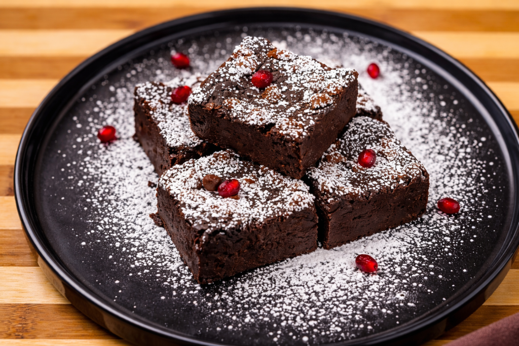flourless sweet potato brownies on a black plate dusted with powdered sugar and topped with pomegranate seeds