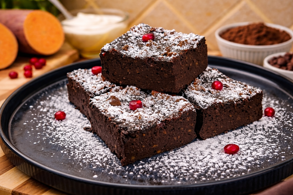 flourless sweet potato brownies stacked on a plate dusted with powdered sugar and topped with chocolate chips and pomegranate seeds