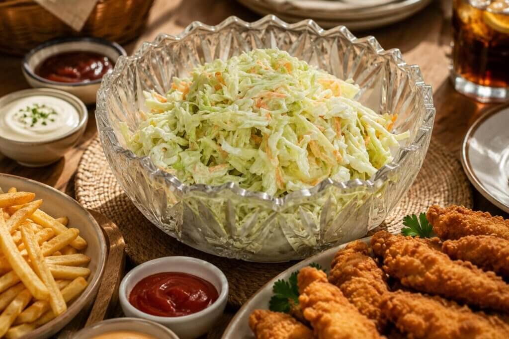 Creamy homemade coleslaw served in a glass bowl alongside crispy fried chicken, French fries, dipping sauces, and bread on a rustic dining table.