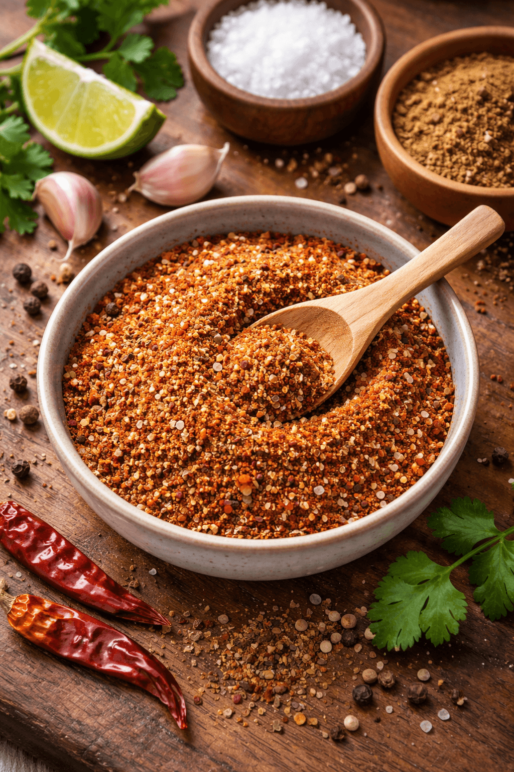Close-up of a homemade Mexican spice mix in a ceramic bowl with garlic, chili peppers, lime, and herbs on a wooden surface