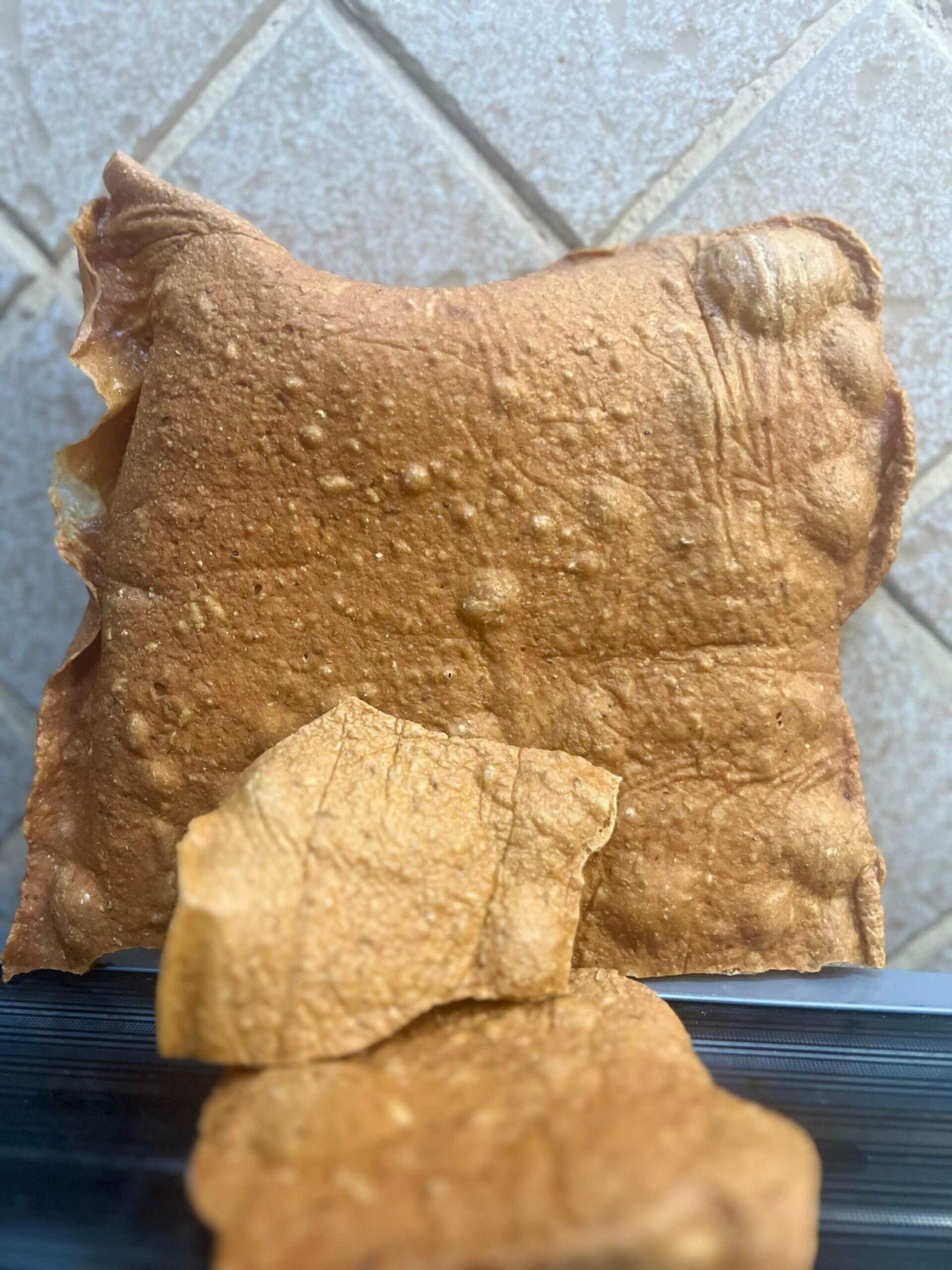 A whole sheet of baked high protein chicken crackers portrait