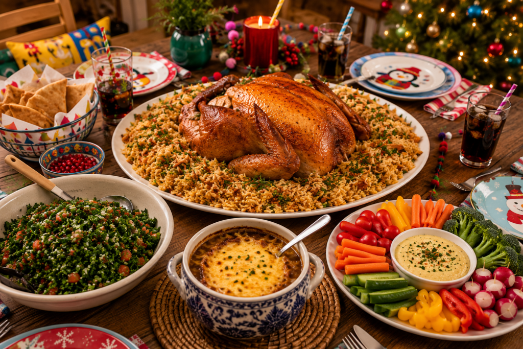 A warm Christmas dining table featuring a roasted turkey served on a large platter of oriental rice, traditional Lebanese tabbouleh, French onion soup topped with melted cheese, colorful crudités, and festive holiday decorations.