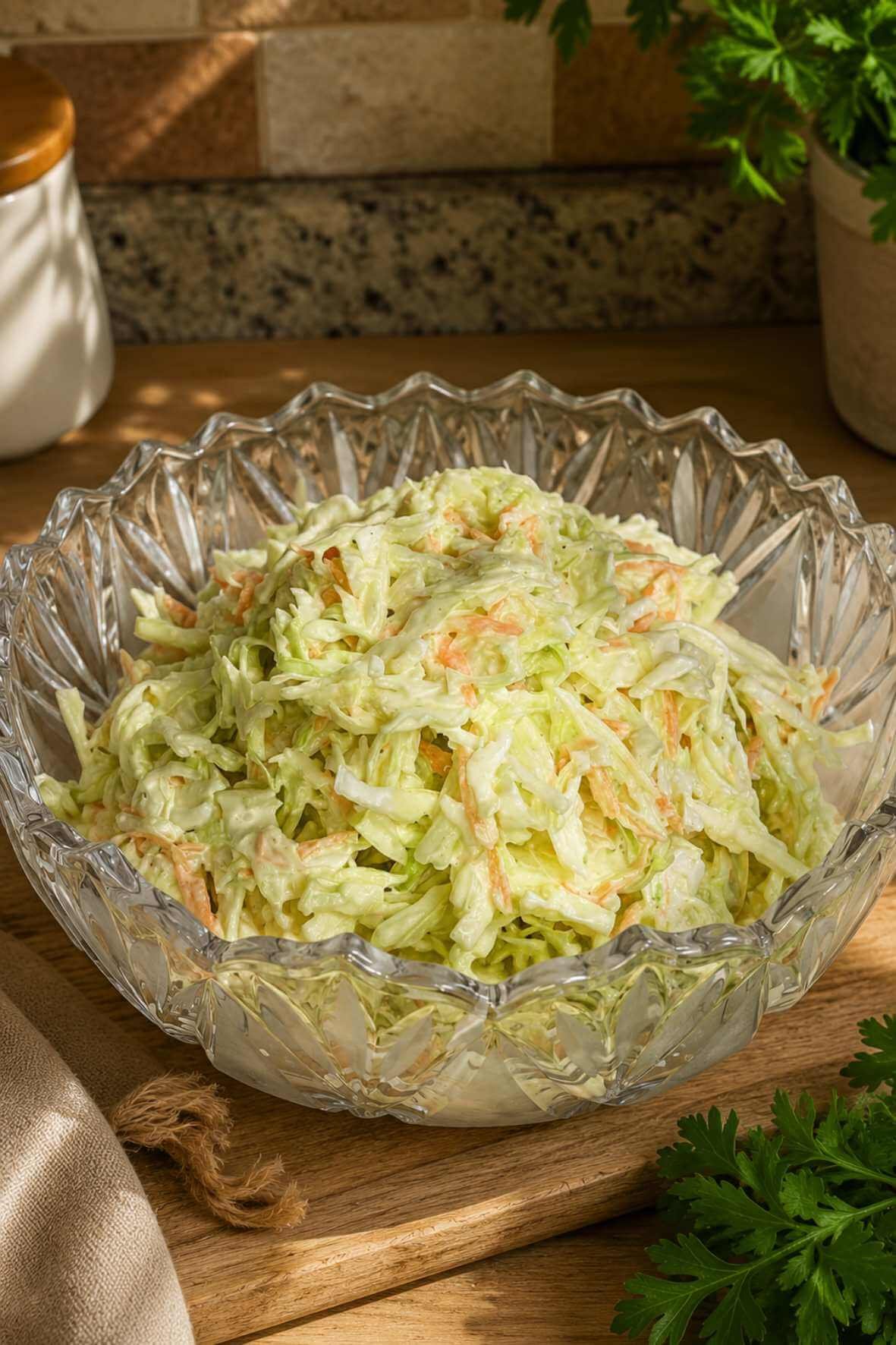 Creamy homemade coleslaw with shredded cabbage and carrots served in a decorative glass bowl.