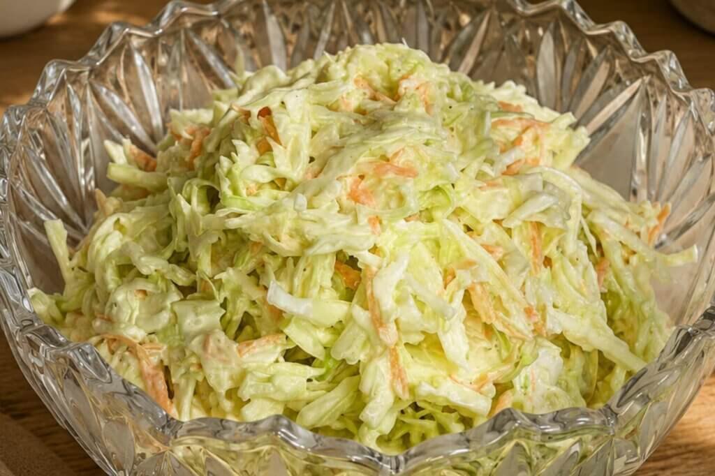 Creamy homemade coleslaw with shredded cabbage and carrots served in a decorative glass bowl.