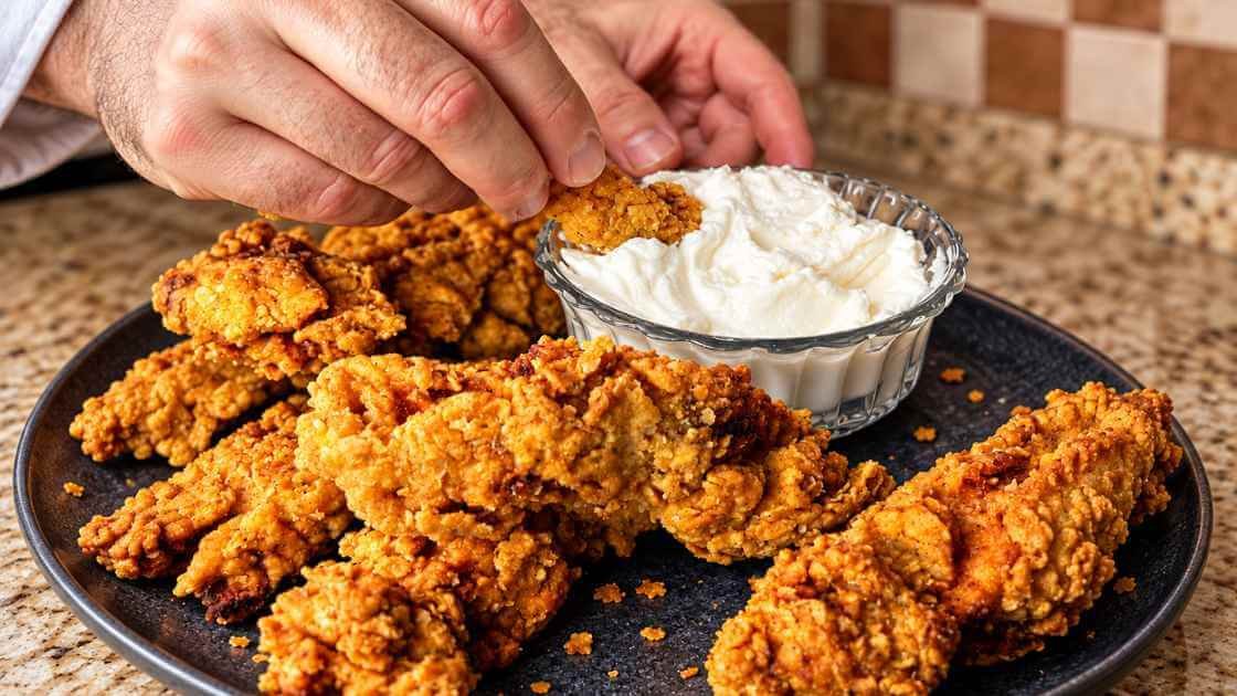 Golden air fried crispy chicken on a dark plate, with a hand dipping a piece into creamy Lebanese garlic dip.