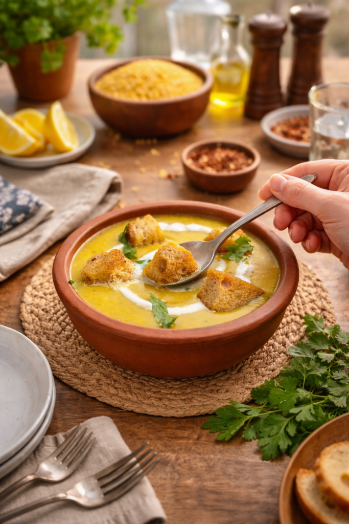 creamy yellow lentil soup in a pottery bowl