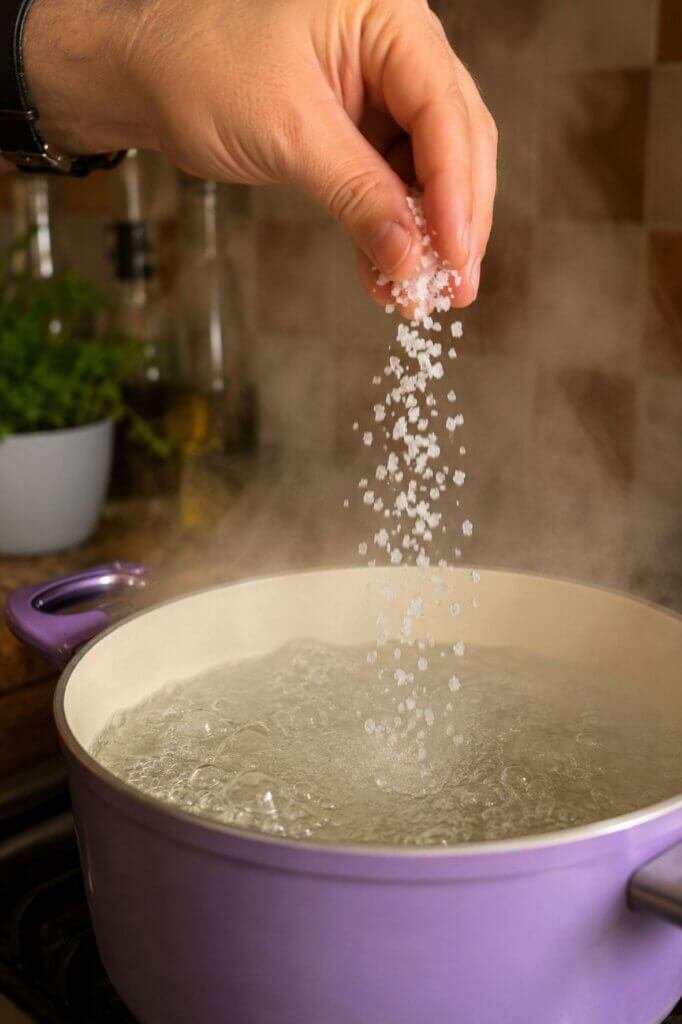 Hand sprinkling coarse salt into a pot of boiling water before cooking pasta.