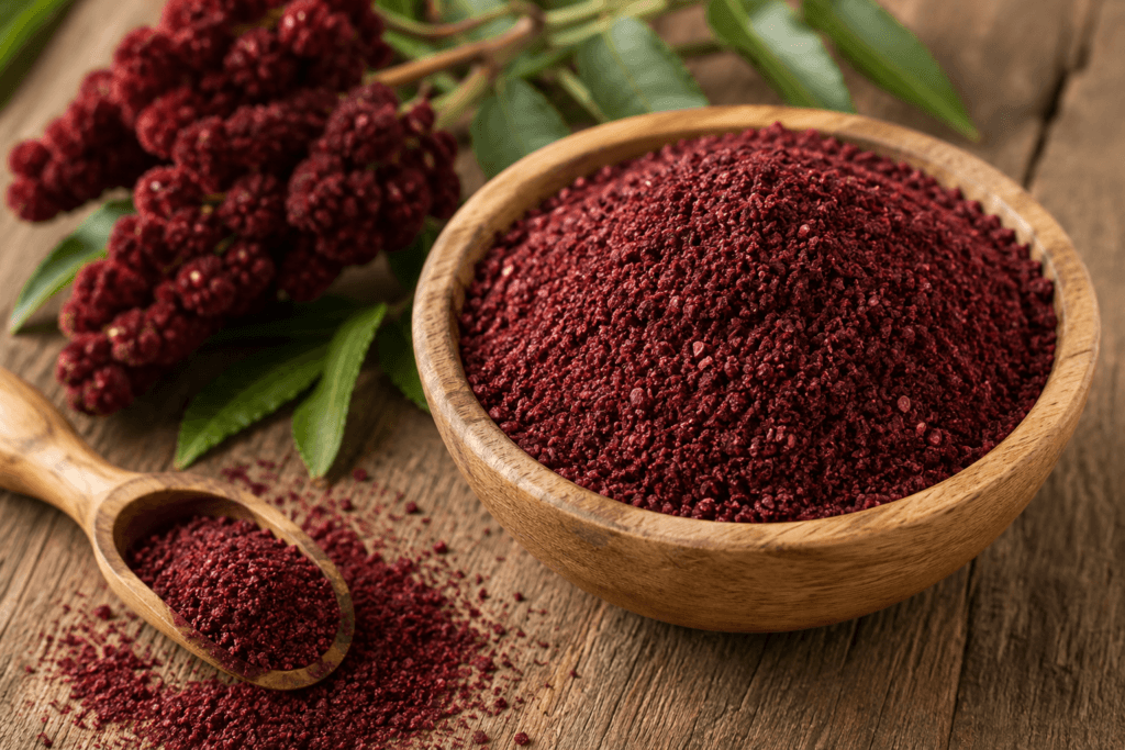Close-up of deep red sumac powder in a wooden bowl with a wooden spoon, dried sumac berries, and green leaves on a rustic wooden surface.