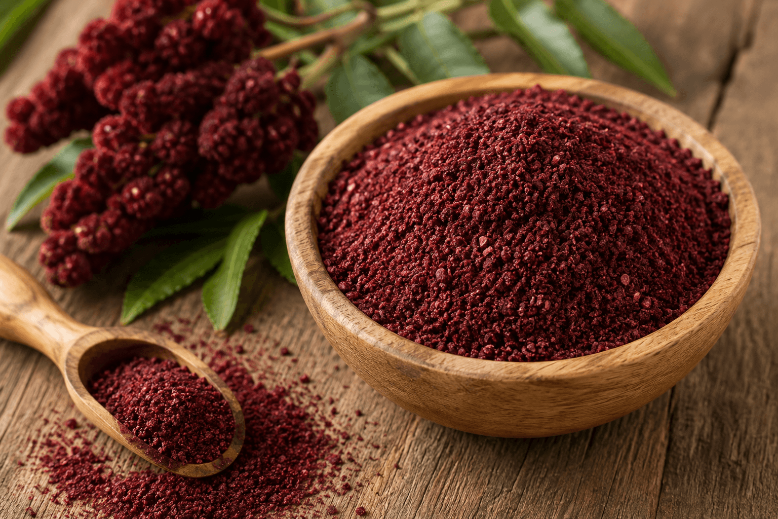 Close-up of deep red sumac powder in a wooden bowl with a wooden spoon, dried sumac berries, and green leaves on a rustic wooden surface.