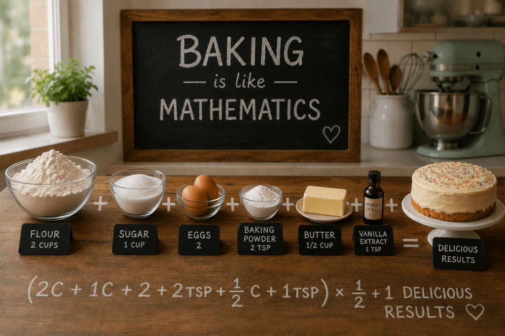 Baking ingredients including flour, sugar, eggs, baking powder, butter, and vanilla extract arranged on a kitchen table with mathematical symbols illustrating that baking is like a mathematical equation.