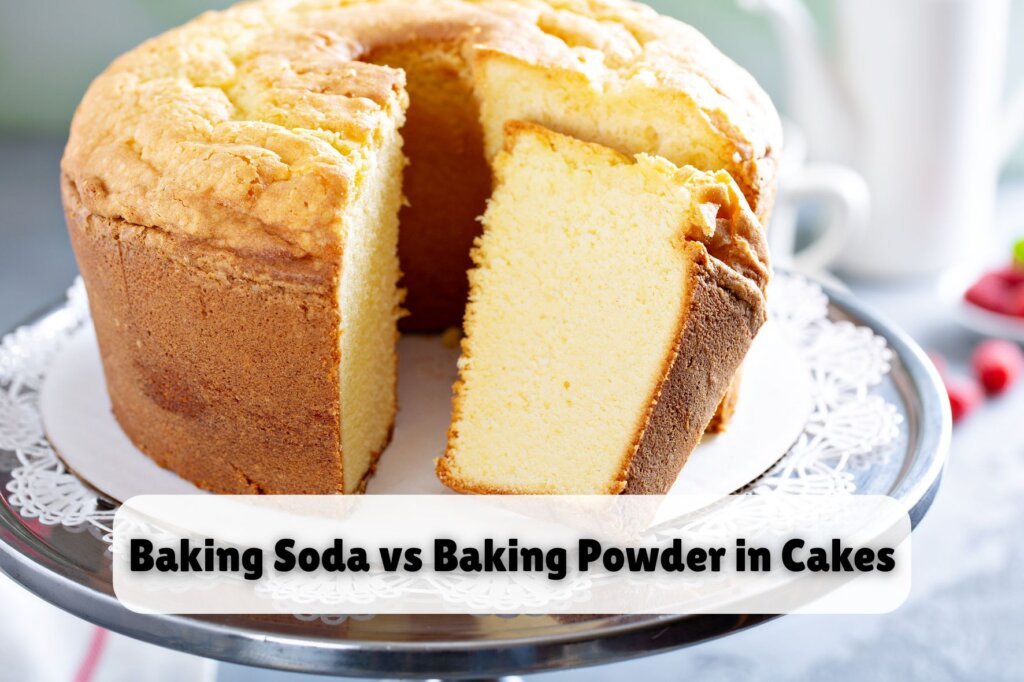 Baking soda vs baking powder in cakes illustrated by a tall vanilla cake with a soft, airy crumb and a golden-brown crust.