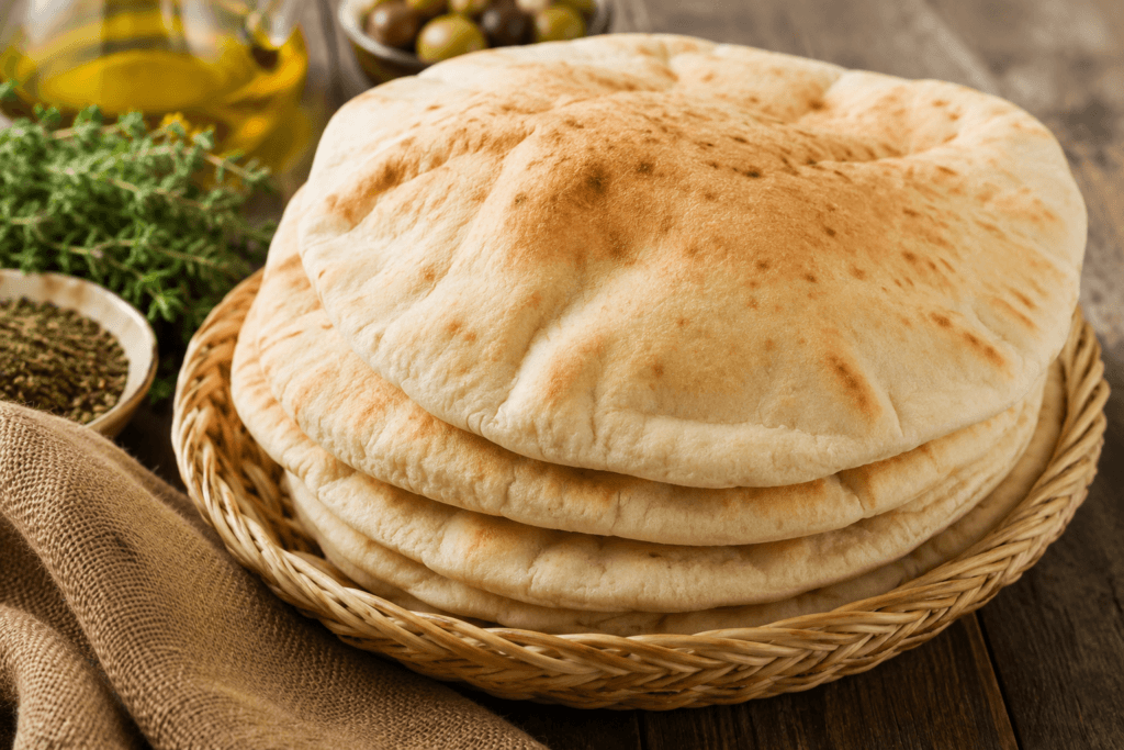Fresh Lebanese flatbread stacked in a woven basket on a rustic wooden table with olive oil, herbs, and Middle Eastern spices in the background.