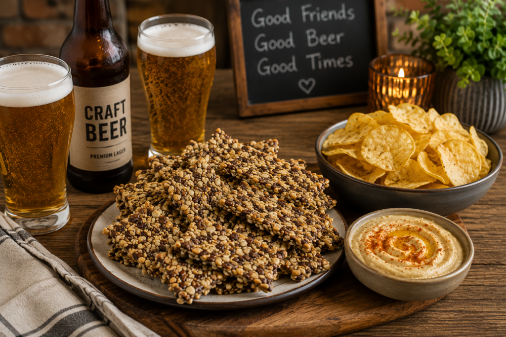 A rustic snack table featuring homemade gluten-free seed crackers, potato chips, creamy hummus, and cold beer, arranged on a wooden serving board for casual entertaining.