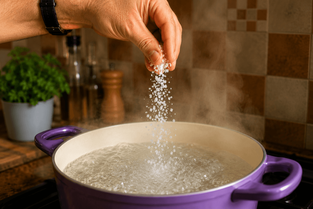 Hand adding coarse salt into a large pot of boiling pasta water in a kitchen.