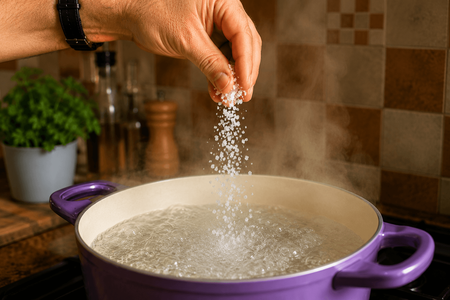 Hand adding coarse salt into a large pot of boiling pasta water in a kitchen.