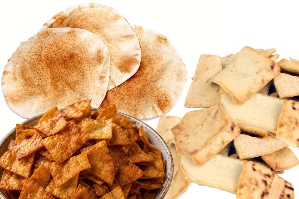 Comparison between fried pita bread and baked pita bread traditionally used in Lebanese fattoush salad.