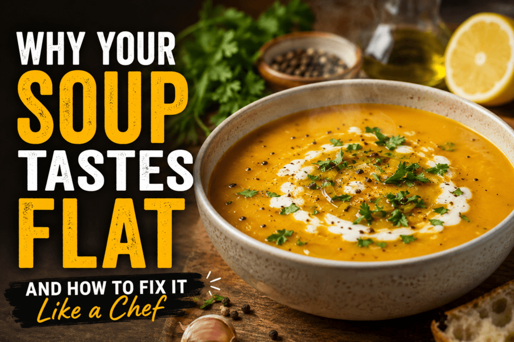 A creamy homemade soup garnished with herbs and spices beside bold text reading “Why Your Soup Tastes Flat” on a warm rustic kitchen background.