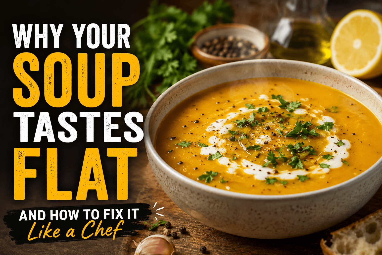 A creamy homemade soup garnished with herbs and spices beside bold text reading “Why Your Soup Tastes Flat” on a warm rustic kitchen background.