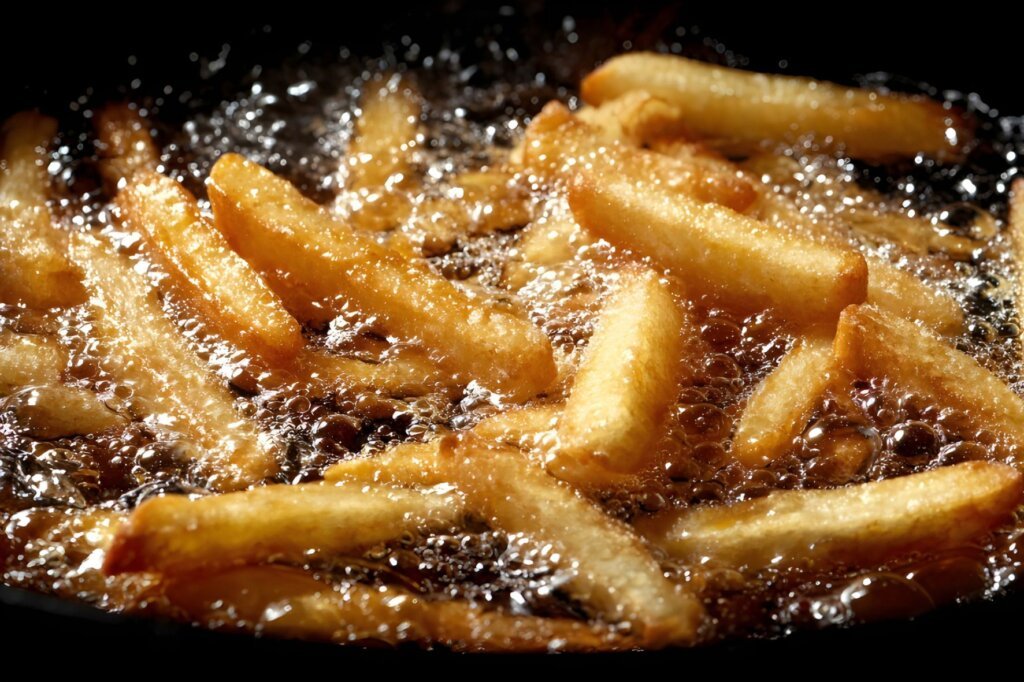 French fries frying in bubbling oil, illustrating common frying mistakes that can affect crispiness, texture, and even browning.