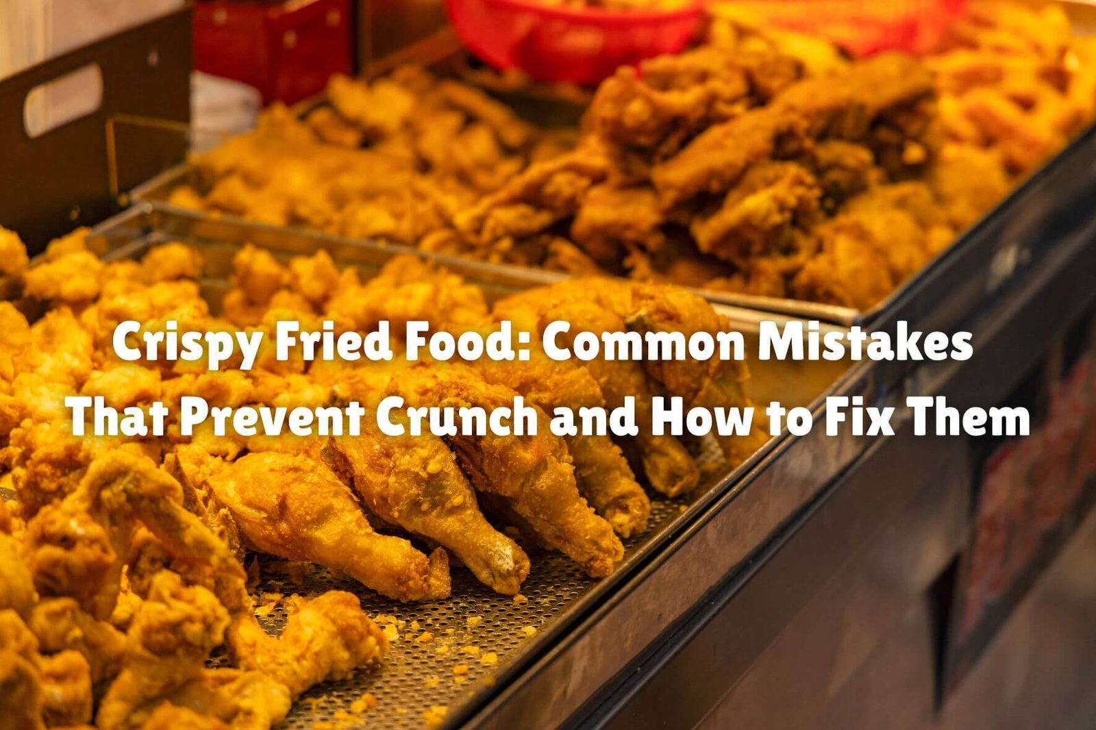 Golden crispy fried chicken and assorted fried foods displayed in a hot food counter with the title "Crispy Fried Food: Common Mistakes That Prevent Crunch and How to Fix Them."