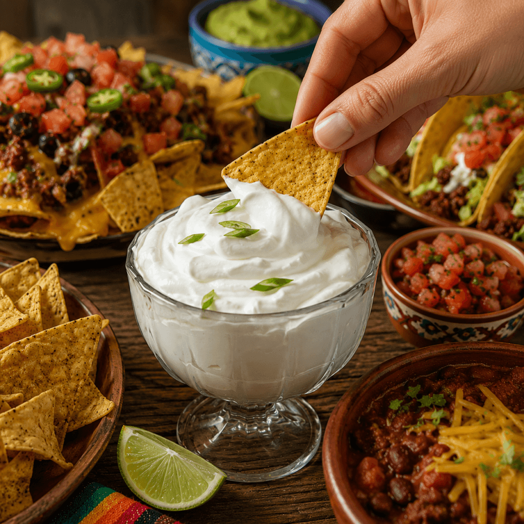 Hand dipping a tortilla chip into a bowl of homemade sour cream garnished with green onions, surrounded by nachos, tacos, salsa, guacamole, and chili on a rustic wooden table.
