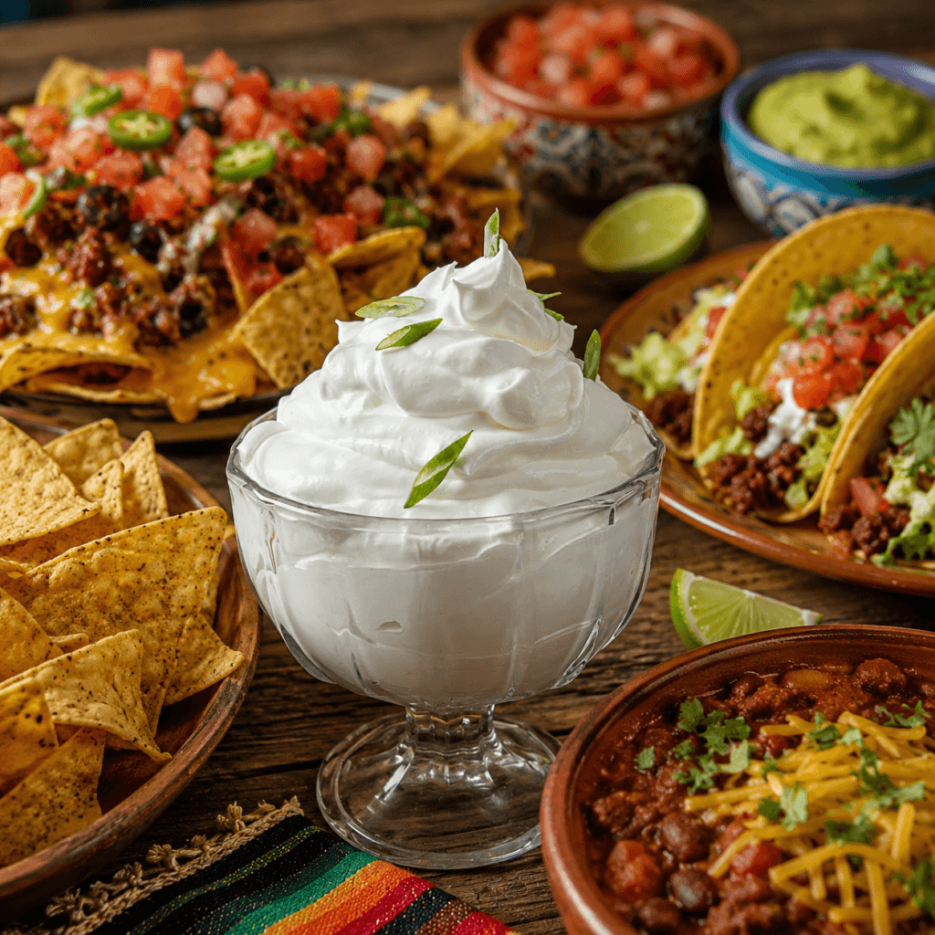 Glass bowl of homemade sour cream topped with sliced green onions, surrounded by nachos, tacos, chili, salsa, guacamole, and lime wedges on a rustic wooden table.