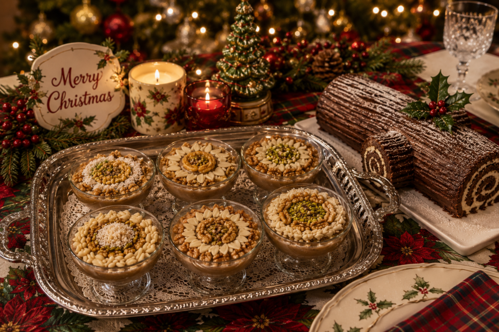Traditional Lebanese meghleh served in glass bowls on a silver tray beside a chocolate yule log cake on a festive Christmas table.