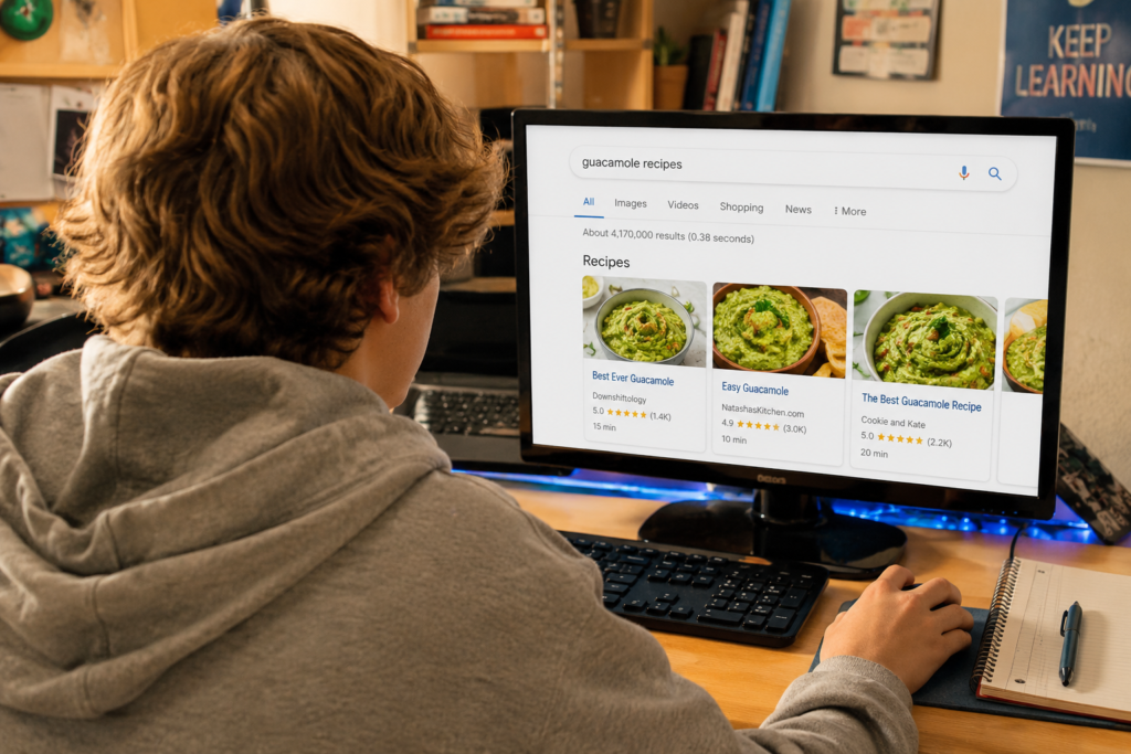 Back view of a teenage boy with light brown hair searching for guacamole recipes on a computer in a home office.