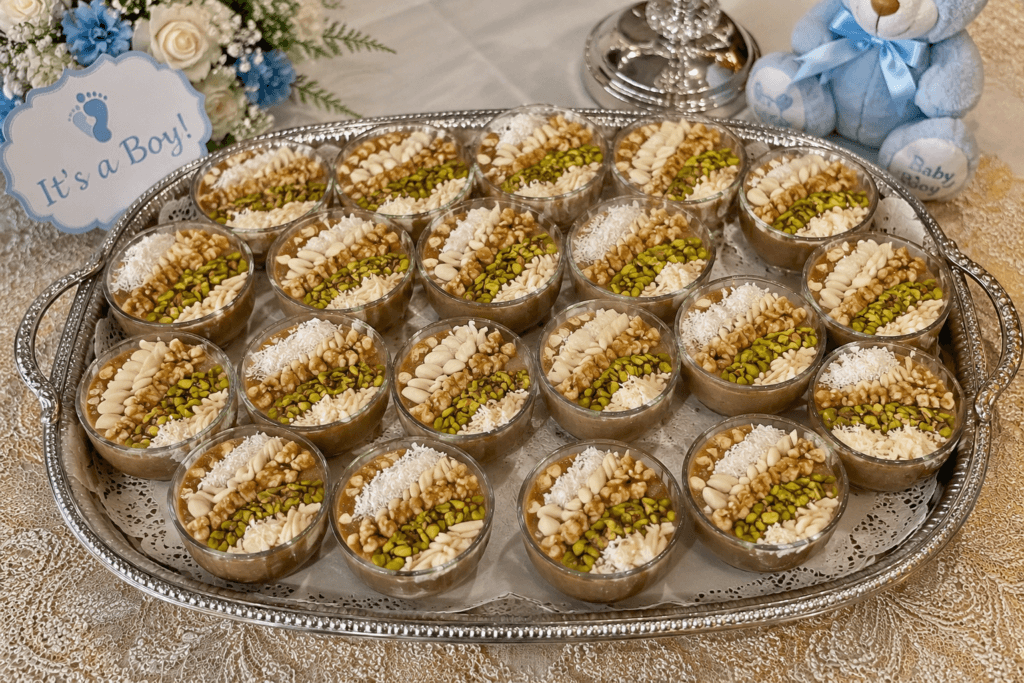 Large silver tray filled with individual cups of Lebanese meghleh decorated with coconut, pistachios, walnuts, almonds, and pine nuts for a baby boy celebration.