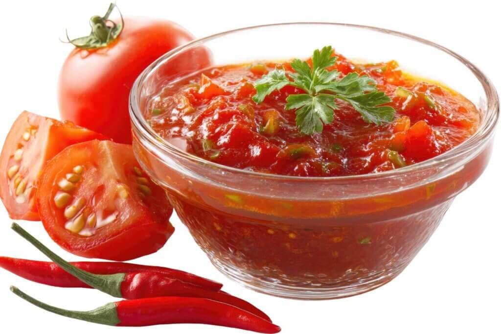 Bowl of traditional red salsa made with tomatoes, chili peppers, and herbs, served alongside fresh tomatoes and red chilies.