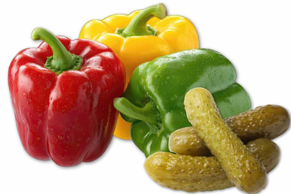 Red, yellow, and green bell peppers with cucumber pickles used to make Thousand Island dressing.