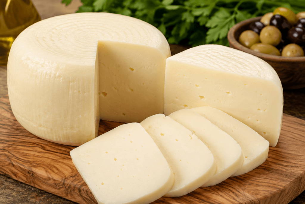A wheel of traditional Akkawi cheese with several slices arranged on a wooden board, surrounded by olives, parsley, and olive oil.