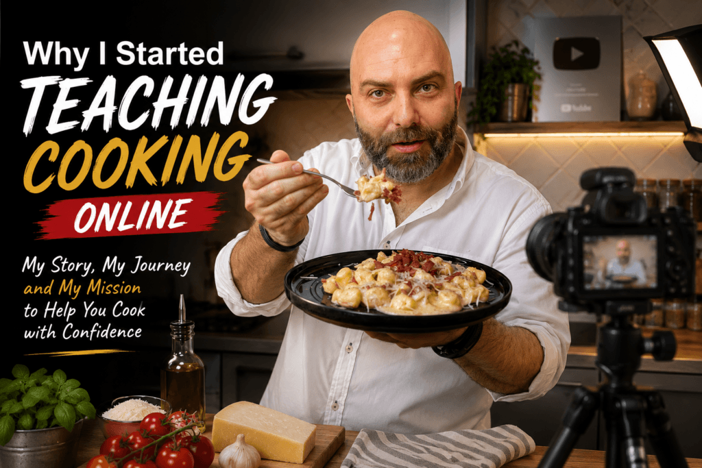 Professional chef François explaining why he started teaching cooking online after more than 30 years of culinary experience.