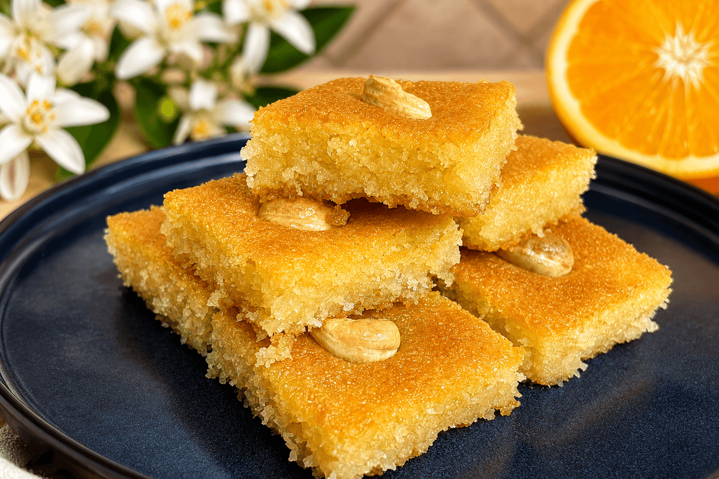 Golden pieces of Lebanese nammoura stacked on a dark plate, topped with almonds and soaked in fragrant orange blossom syrup.