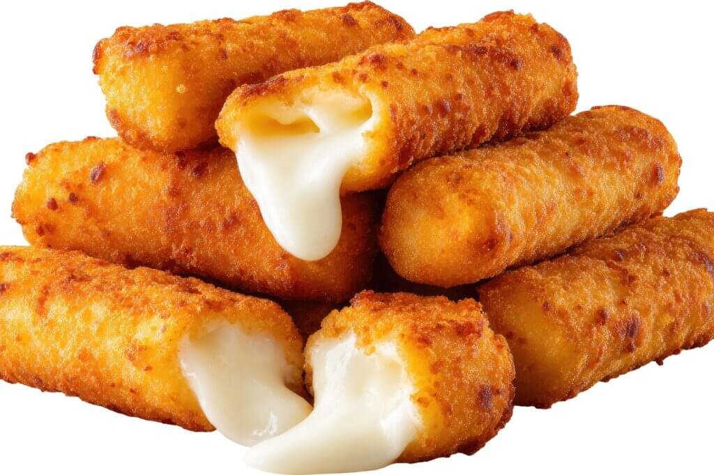 Golden crispy fried Akkawi cheese rolls with melted cheese stretching from the center on a white background.