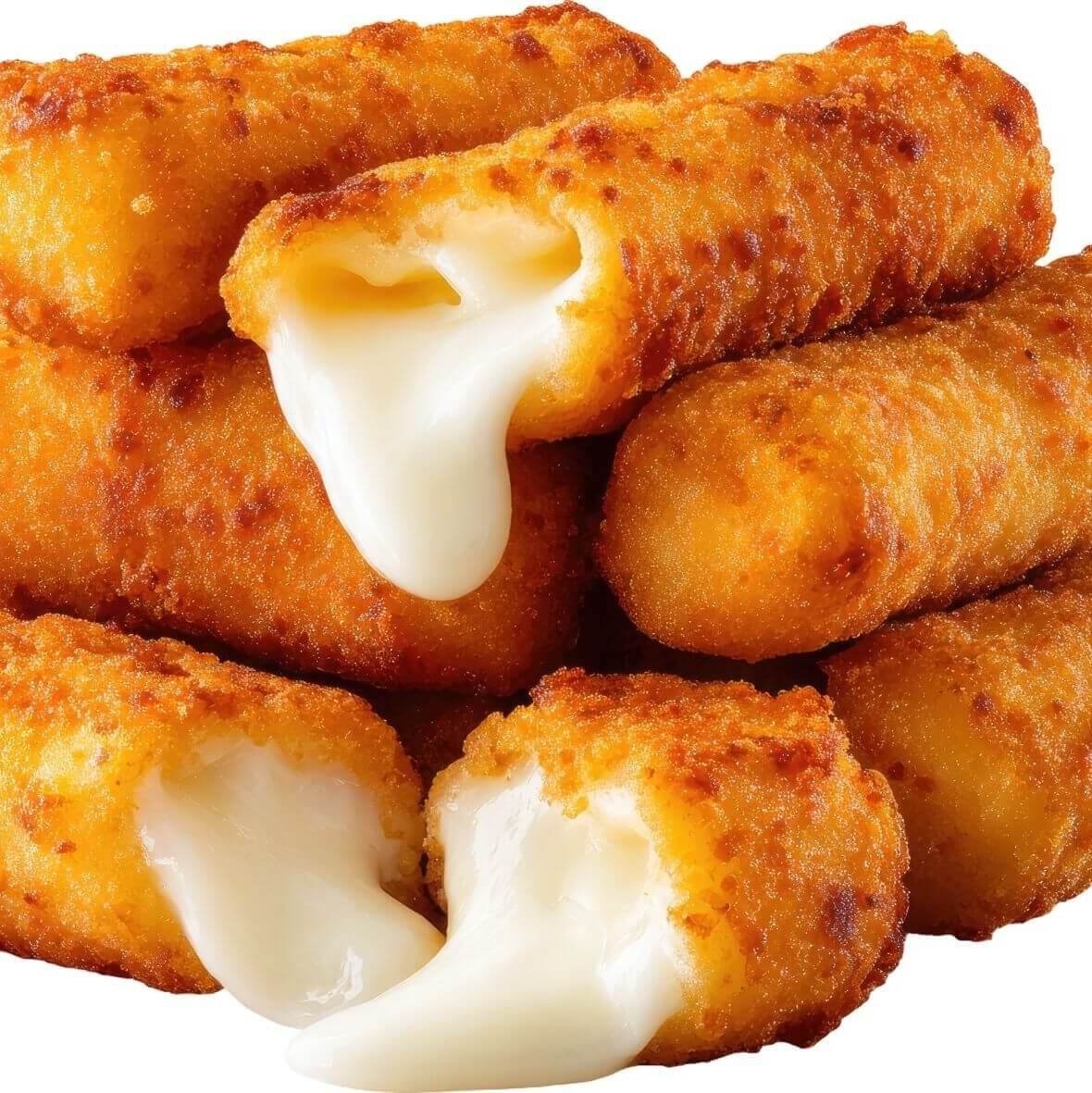 Golden crispy fried Akkawi cheese rolls with melted cheese stretching from the center on a white background.