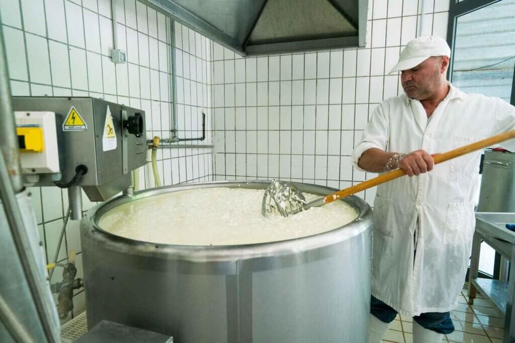 Cheesemaker stirring fresh milk during the traditional Akkawi cheese production process in a dairy facility.
